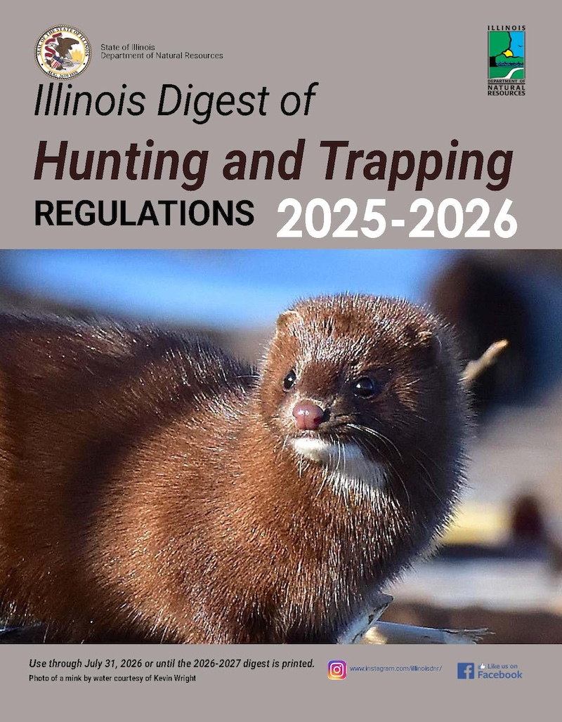 A close-up portrait of a American mink graces the cover of the Illinois Digest of Hunting and Trapping Regulations for 2025 to 2026.