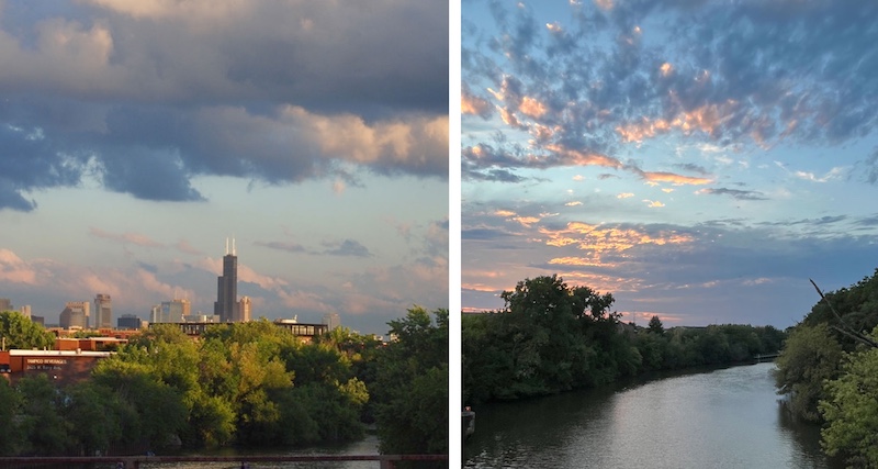 Two images collaged together are of views along the Chicago River at sunset. One view to the left is of the river towards the city. You can see the skyline in the distance. The view to the right is of the river moving downstate. The clouds catch the last fleeting moments of sunlight over a river framed by trees on either side.