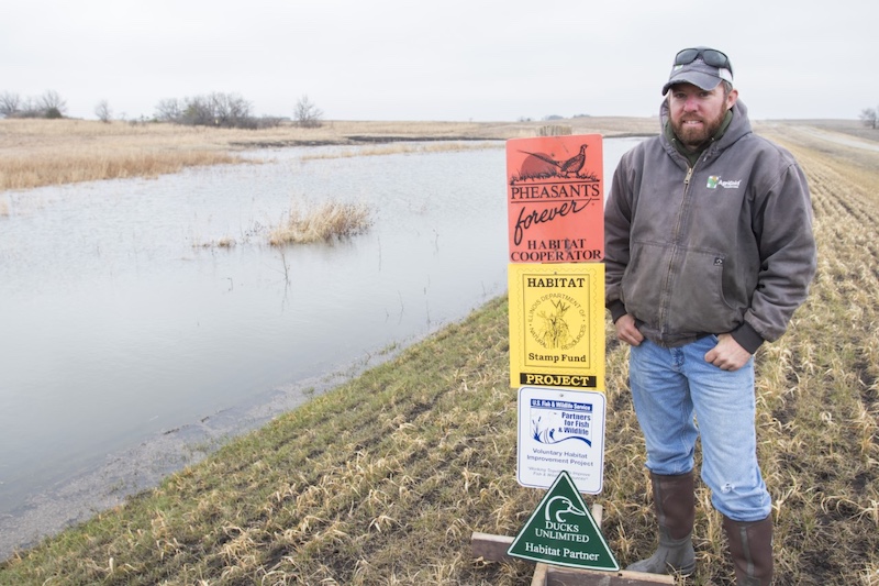 A farmer stands on top a berm of a wetland. The farmer stands next to a post with four signs of organizations partnered with him to create the wetland restoration. The organizations include Pheasants Forever, Habitat Stamp Fund Project,  United States Fish and Wildlife Services and Ducks Unlimited. In the background are winter agricultural fields.