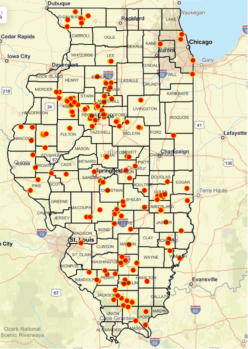 A map of the state of Illinois with the counties outlined and with red dots indicating the distribution of reported observations of suspected Epizootic Hemorrhagic Disease in white-tailed deer in 2024.