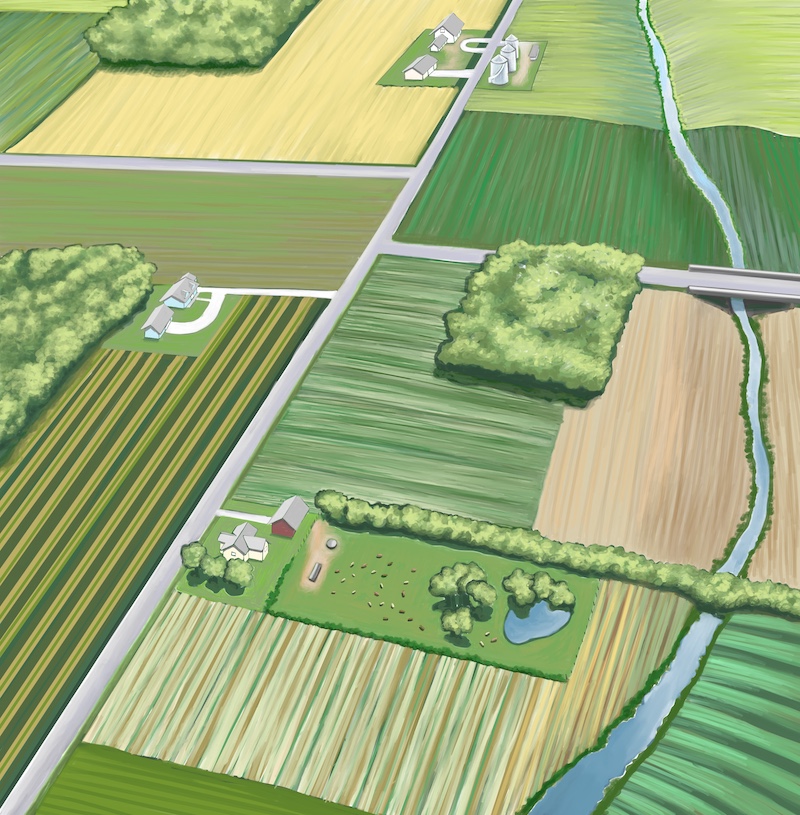 An aerial view of an agricultural landscape. A river meanders through the fields on the right side of the illustration. Small woodland plots are separated by agricultural fields. Houses and barns are scattered on either side of a road that runs diagonal from the lower left to top middle-right side of the illustration.