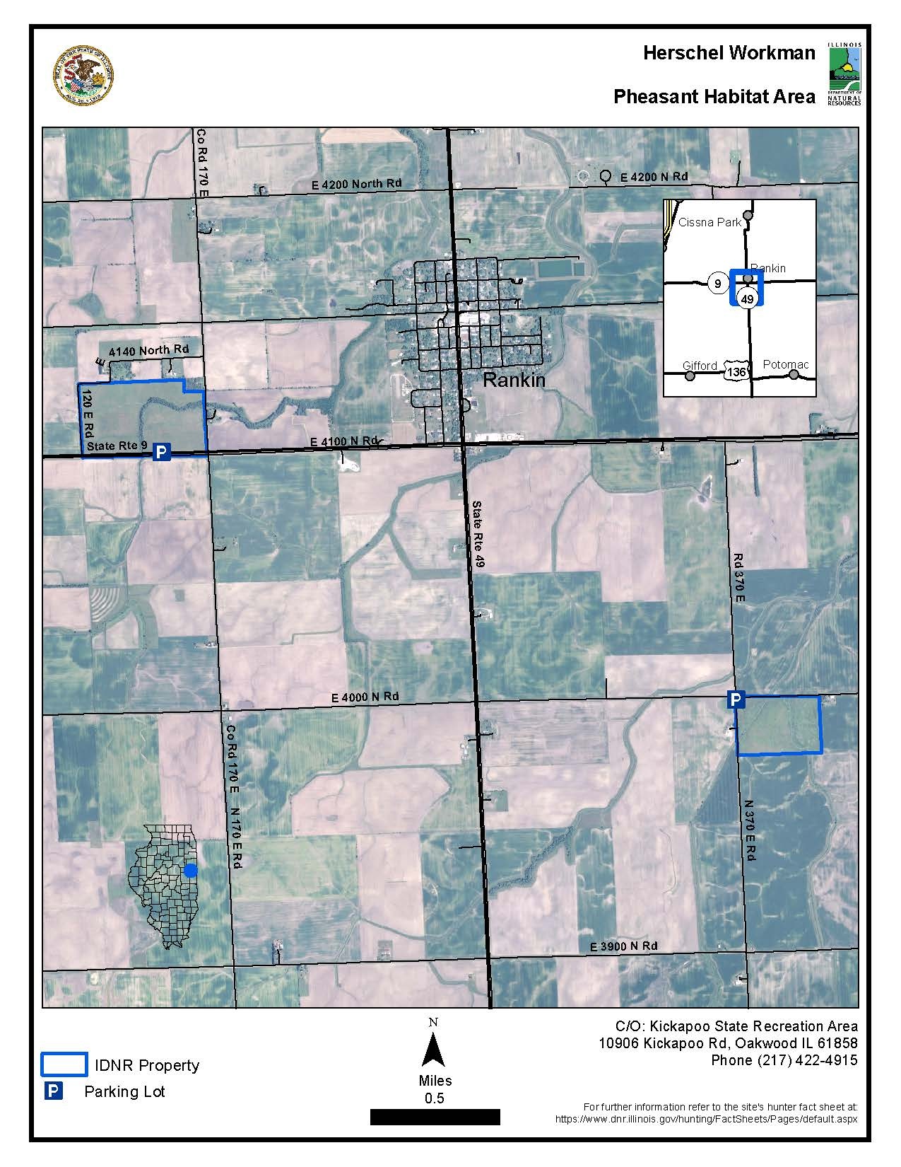 A map showing a pheasant habitat area near Kickapoo State Recreation Area near Oakwood, Illinois. 