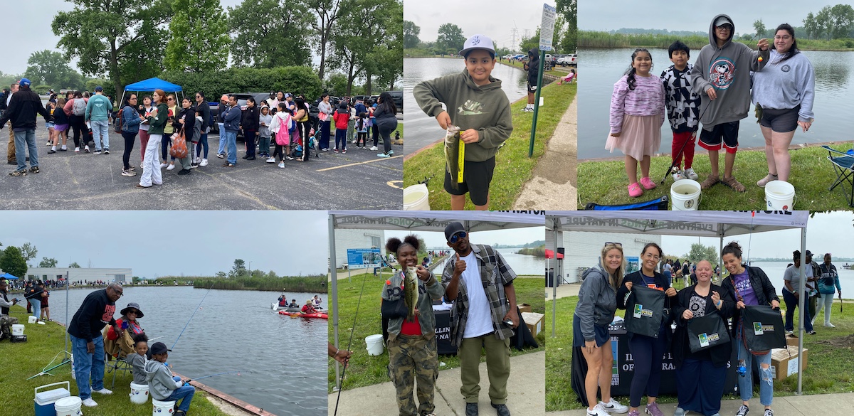 A collage of many families, children and people enjoying a day outdoors, fishing and canoeing.