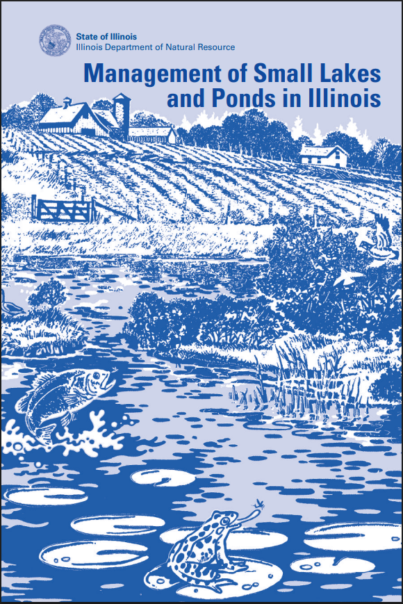 An image of the monochromatic blue cover of the "Management of Small Lakes and Ponds in Illinois" book. The cover has a rural freshwater pond scene complete with a fish jumping out of the water to catch a bug. In the foreground is a frog catching a fly. A couple quail are in flight. A Canada goose stands on a small island of the pond. In the background is a rural hillside of hay windrowed and ready to be baled. A barn, silo, and homestead are in the background in front of a horizon line of trees.