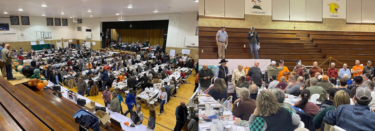 A collage two photos side by side. The first photo is of a gathering of people around rows of long tables filling a school's gymnasium. The photo on the right is of people from the previous  photos' gathering looking up at speakers standing on the bleachers in the school's gymnasium.