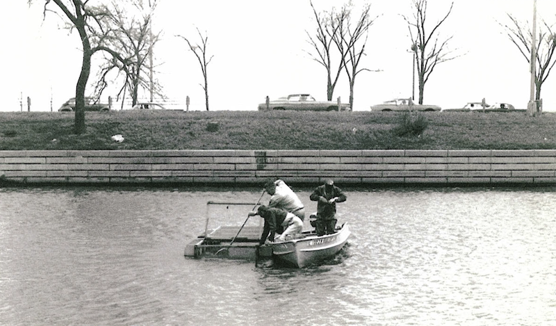 A black and white historical photo of three biologists in a boat moving fish into cages in a harbor in Chicago. In the background are cars on Outer Drive.