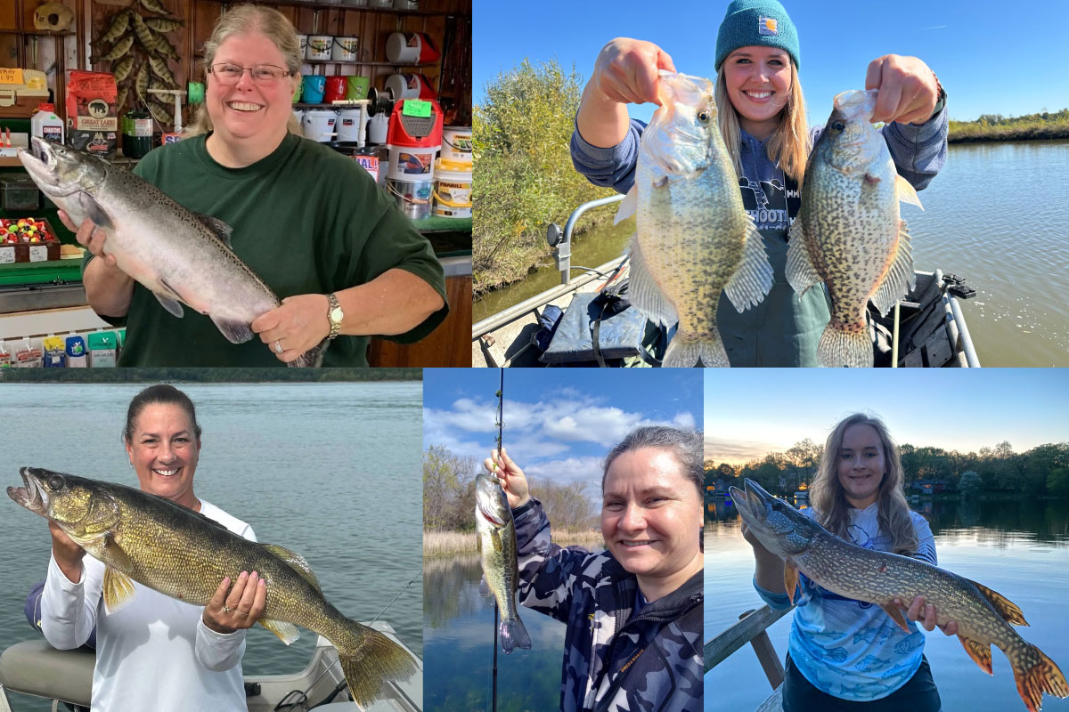 A photo collage of five women anglers with their successful catches. Four of the five women are fishing on a body of water. The fifth woman is holding up her fish while standing in a bait and tackle shop.