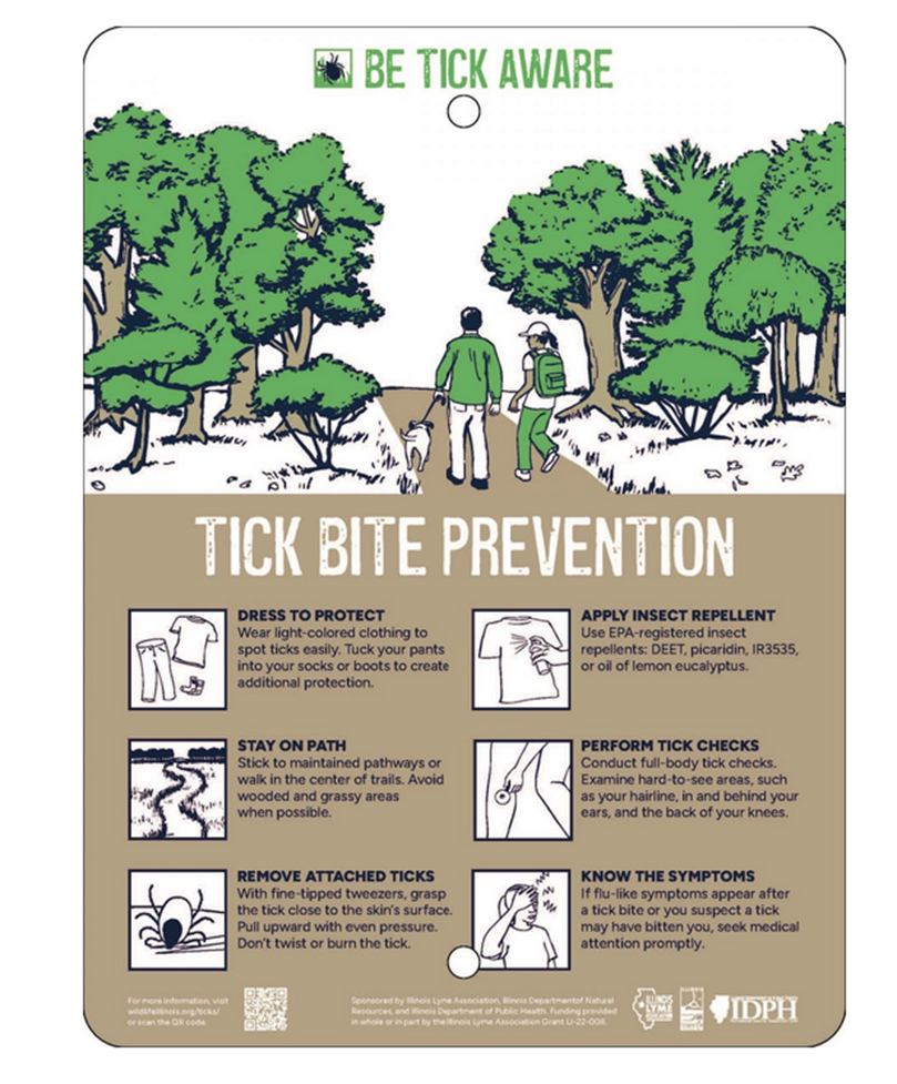 An image of the Be Tick Aware sign. The six steps listed on the sign include: 1. dress to protect, 2. apply insect repellent, 3. stay on path, 4. perform tick checks, 5. remove attached ticks, 6. know the symptoms