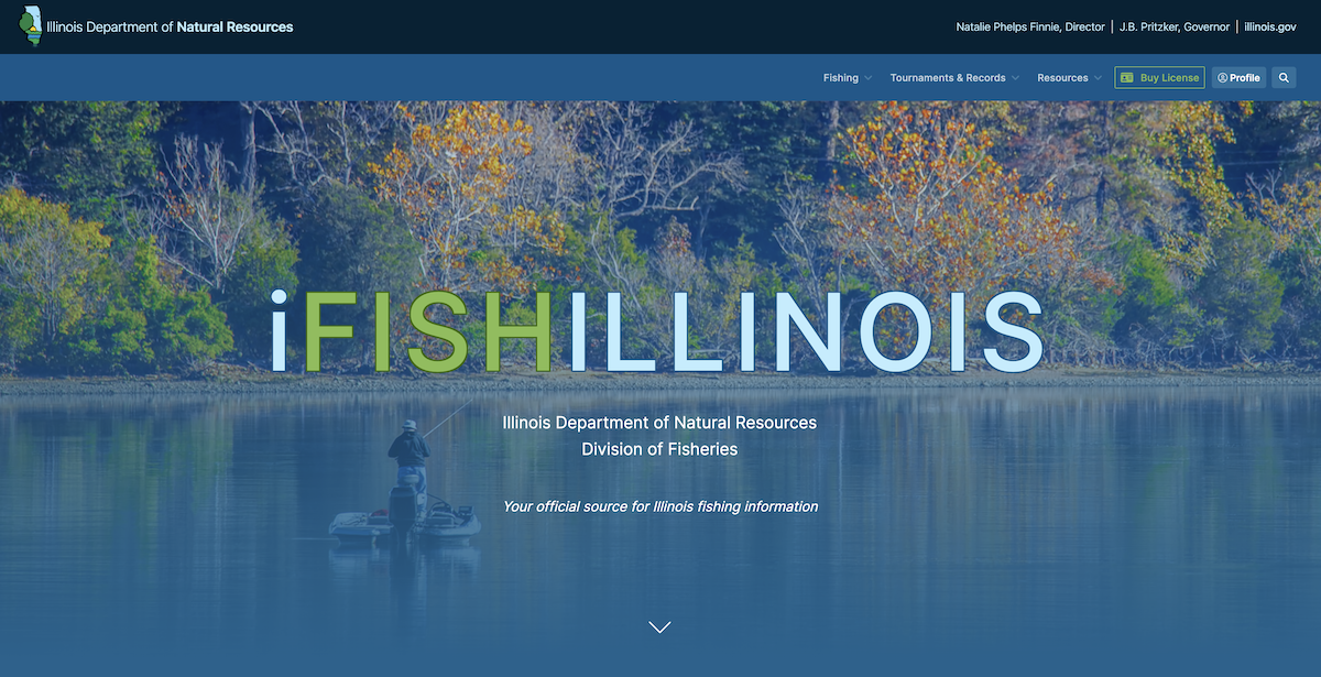 A screenshot of the homepage of the IFishIllinois website created by the Illinois Department of Natural Resources. There is a photo of a man fishing while standing on his  boat on a lake.