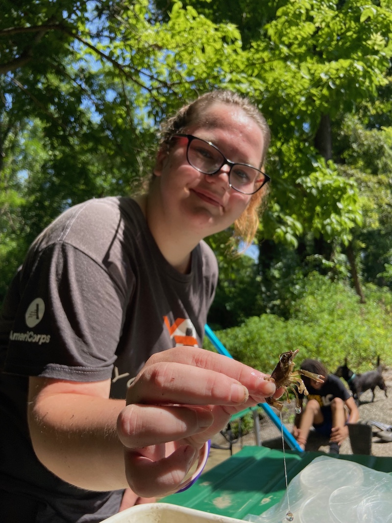 A close-up of a crayfish held by a young woman identifying macro invertebrates from a water sample obtained from a nearby river. In the background are green leafy trees. Blue sky peeks through the canopy above.