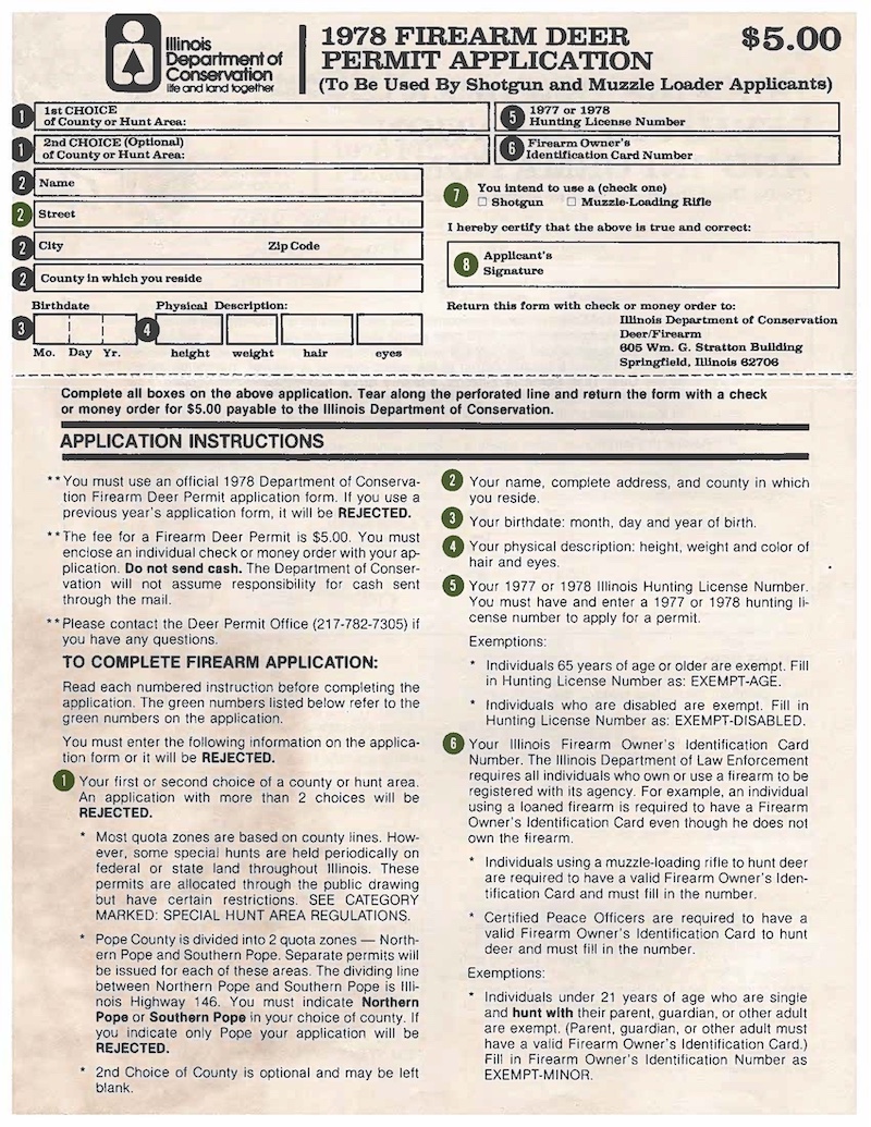 A historic scanned document of the Illinois Department of Conservation 1978 firearm deer permit application.