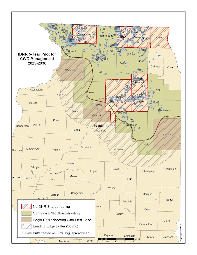 A map of northern Illinois indicating the locations of a 5-year pilot for chronic wasting disease management in the future.