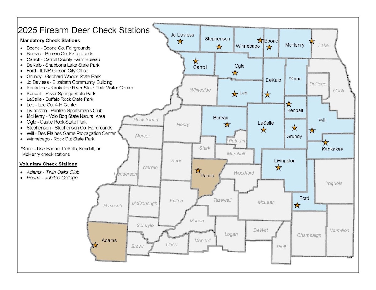 A map of northern Illinois with the counties outlined in gray. Stars mark counties that have mandatory and voluntary firearm deer check stations.