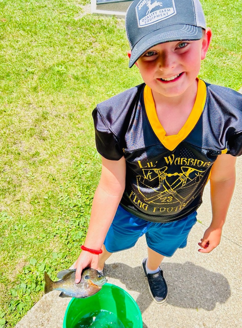 A child holds up a small green fish from a green five-gallon bucket. In the background is a short grassy lawn.