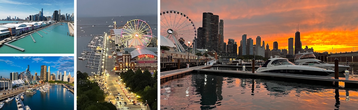 A collage of lakeshore photos of Navy Pier on Lake Michigan and the Chicago skyline.
