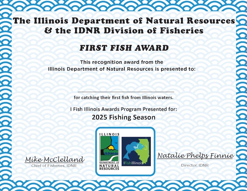 A certificate for the First Fish recognition award provided by the Illinois Department of Natural Resources Division of Fisheries.
