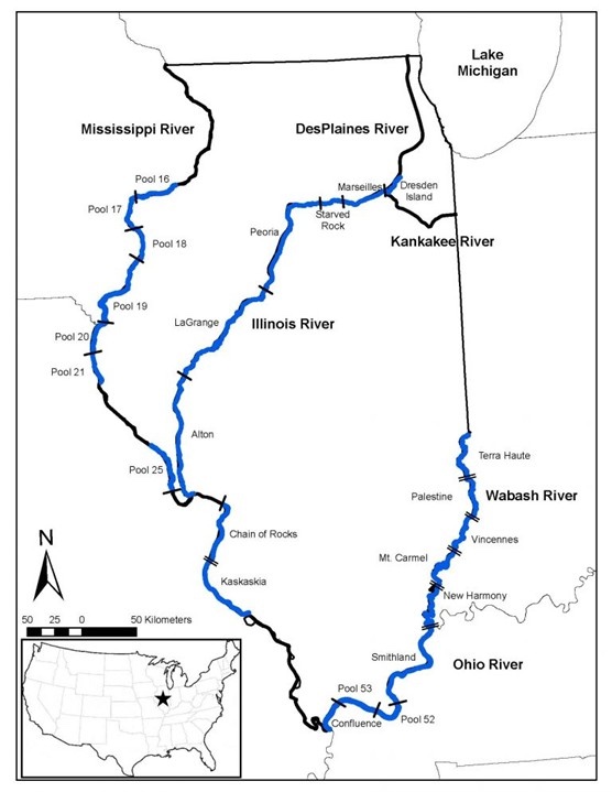 A map of Illinois with locations of the pools/reaches sampled by the LTEF program marked by dashes along the Illinois, Mississippi, Ohio, and Wabash rivers.