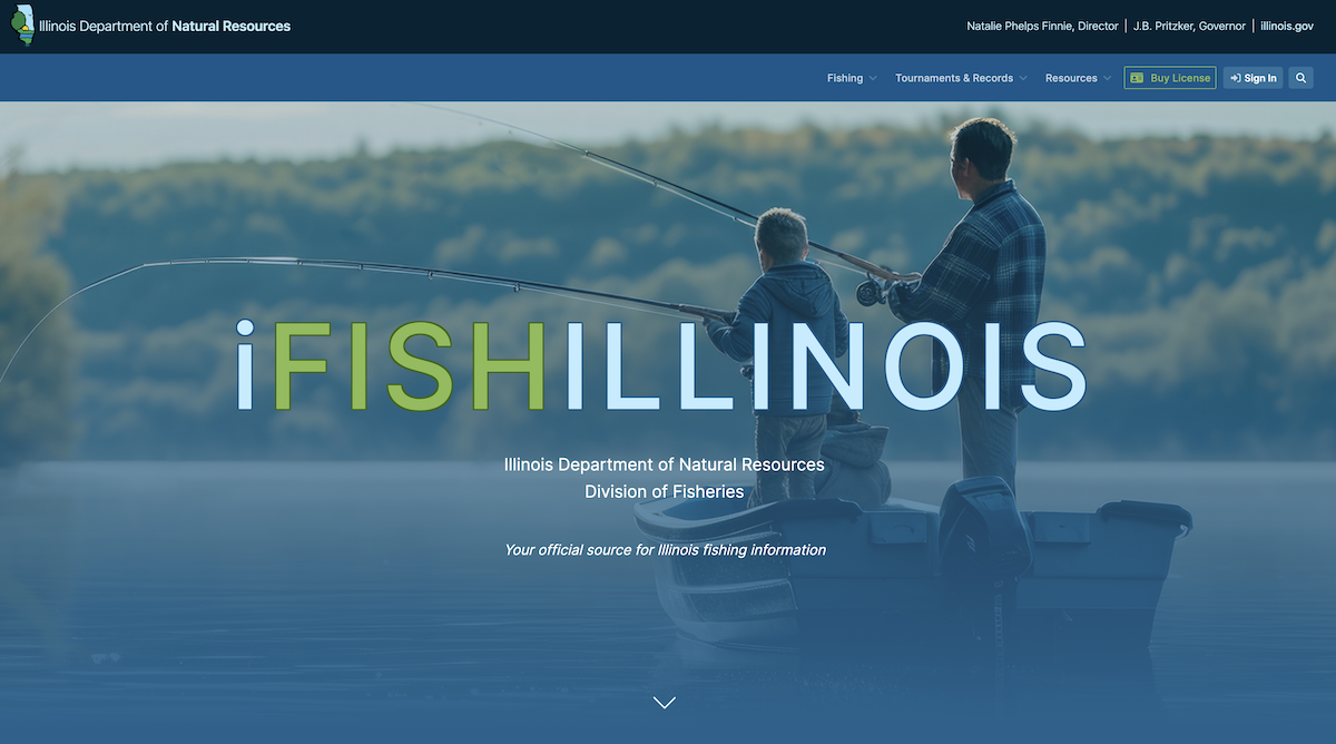 A screenshot of the Illinois Department of Natural Resources Division of Fisheries IFishIllinois website. On the homepage is a view of a freshwater lake with a man and a boy fishing while standing in a boat.