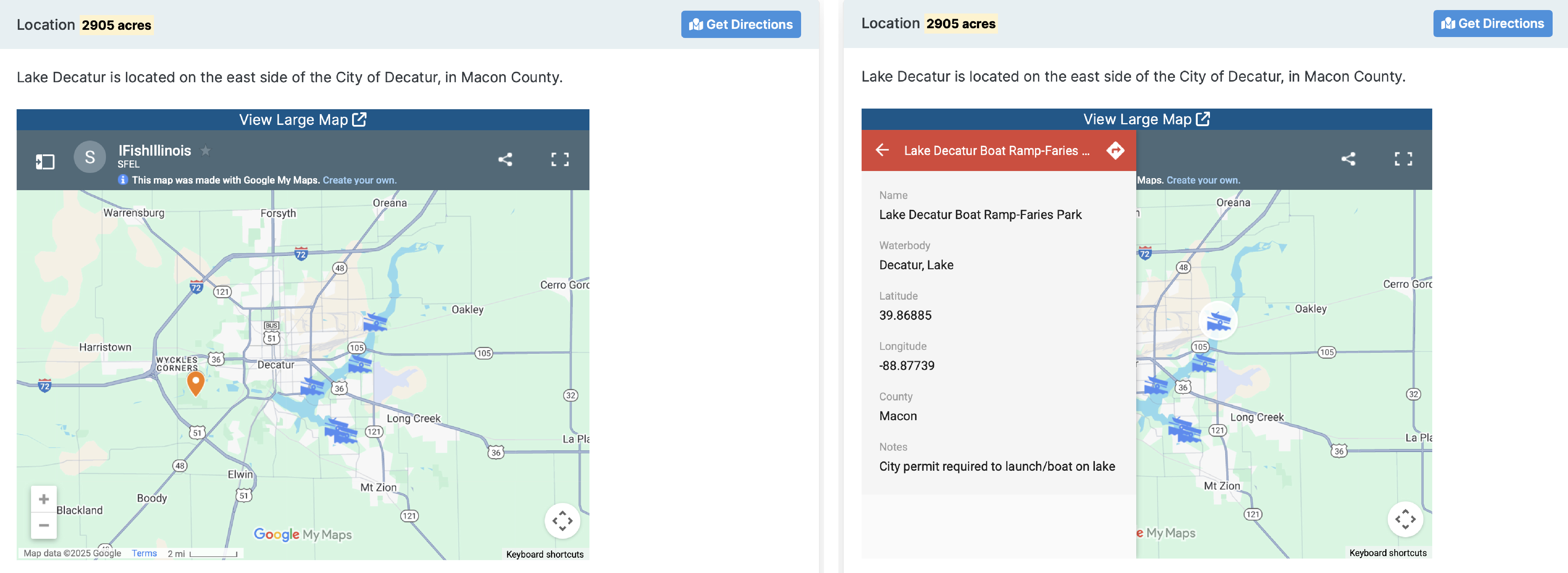 A graphic collage with two maps side by side. On the left, A map indicating boat ramps the public can use to access various locations for fishing in an area around Decatur, Illinois. The map to the right includes the same map as the left graphic, but has a text overlay that includes more information about the boat ramp such as the name, waterbody, latitude, longitude, county, and notes.