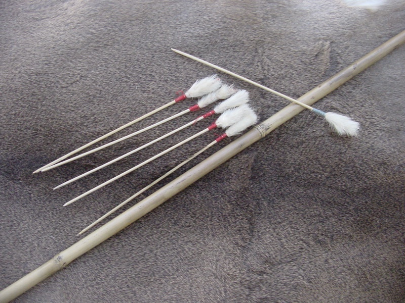 Bamboo blowgun darts with a bamboo shaft rest on a white-tailed deer pelt.