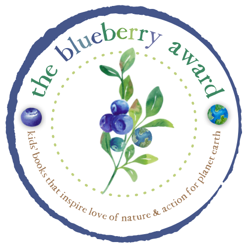 The logo for the blueberry award is circular and has a leafy sprig of blueberries and with one of the blueberries as the planet earth. 