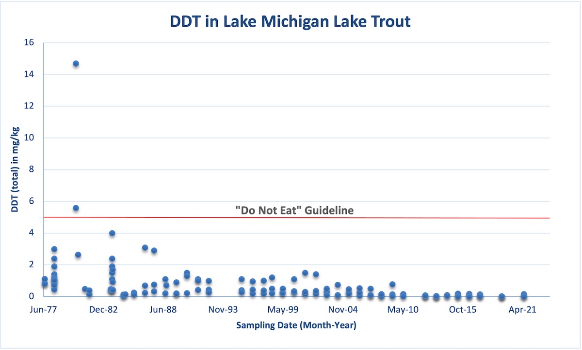 A graph showing how the amount of DDT has reduced over time in Lake Michigan Lake Trout from June 1977 to April 2021. 