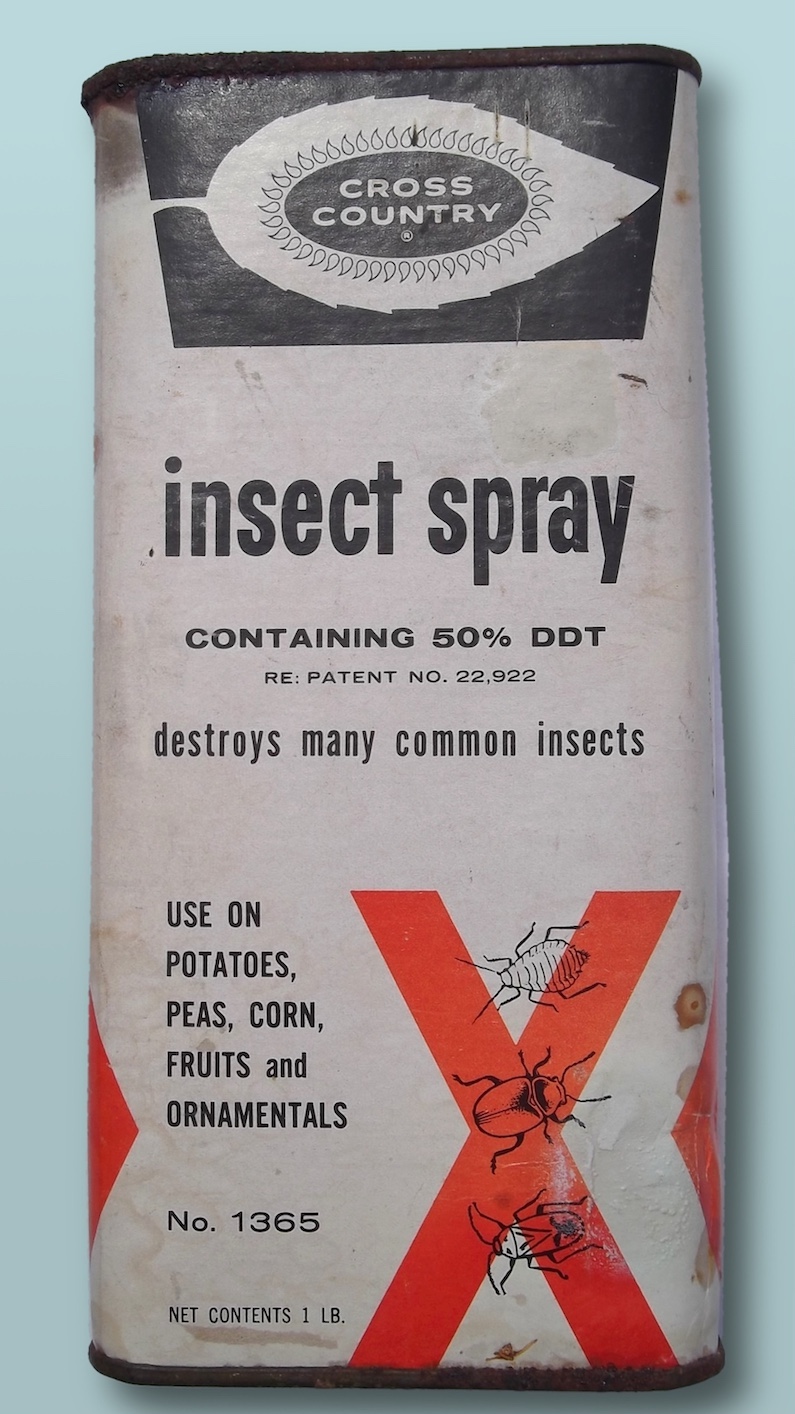 A tan can of insecticide powder containing 50% DDT. It has a red "X" on the bottom overlayed with illustrations of three different bugs.