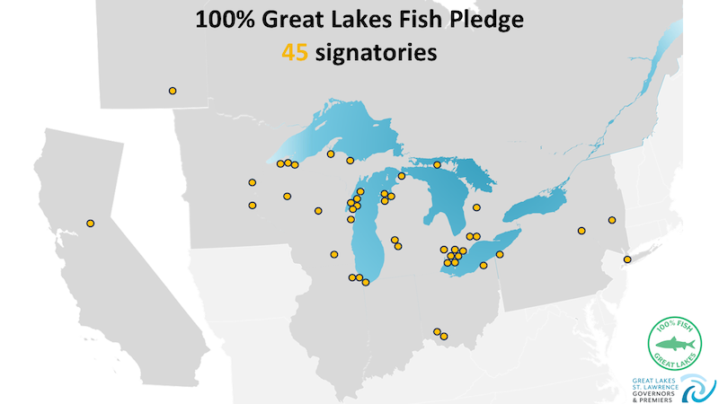 A map of the Great Lakes with surrounding states, Canada and California. Yellow dots signify the locations of different organizations and companies that have signed the 100% Great Lakes Fish Pledge.