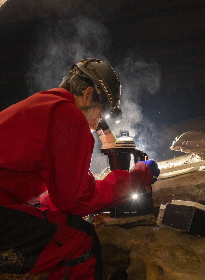 A researcher backlit in a cavern of a cave examining a sample in a microscope. 