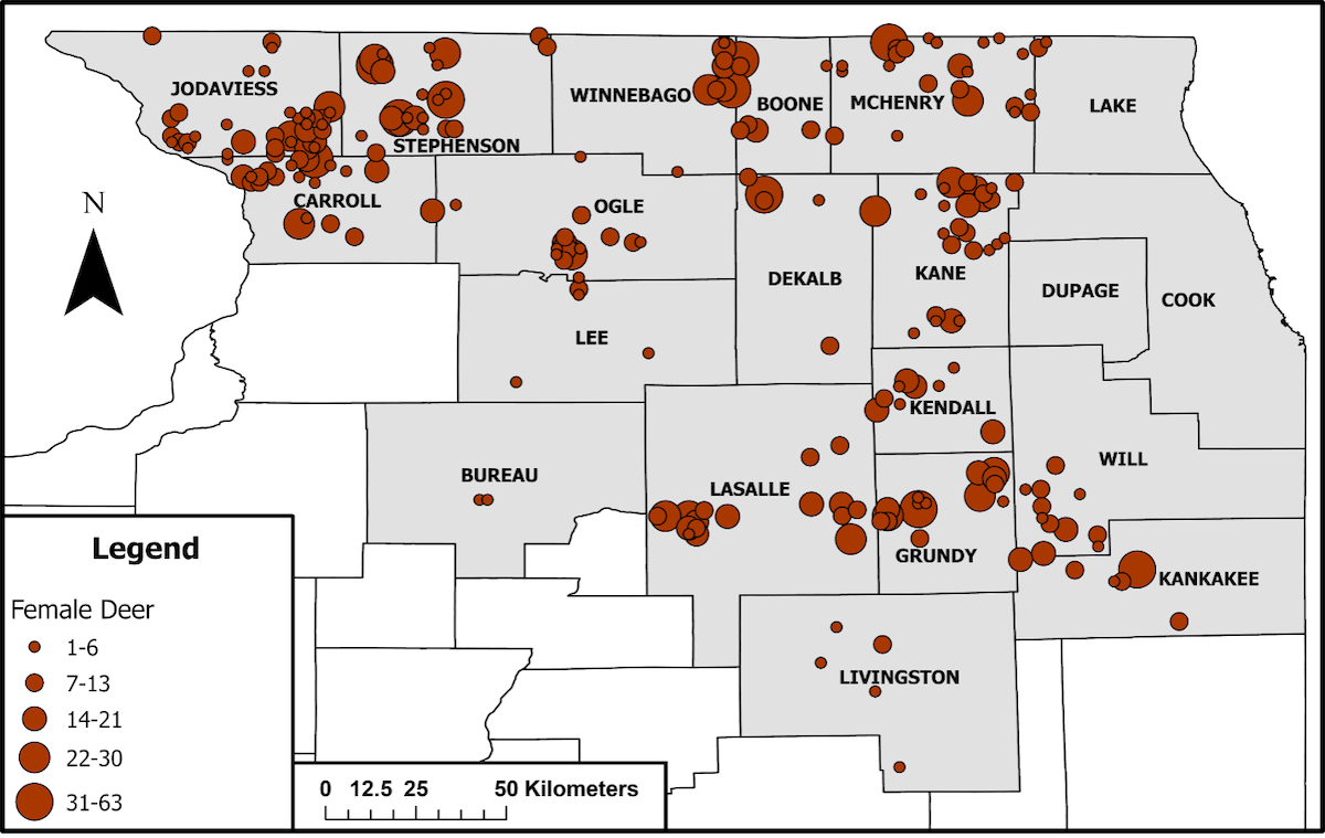 A map of northern Illinois with red dots showing the location of where pregnant female deer originated from. 