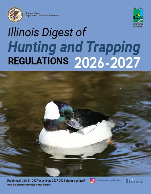 A white and black duck swimming in a body of water graces the blue cover of the Illinois Digest of Hunting and Trapping Regulations for 2026–2027.