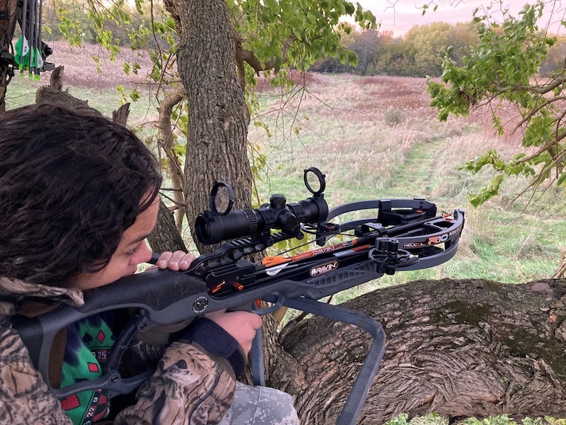 A hunter holds and aims a crossbow over a grassy field while sitting in a tree-stand. In the background a line of trees borders the grassland. The trees are against a sky at sunset with rosy clouds.