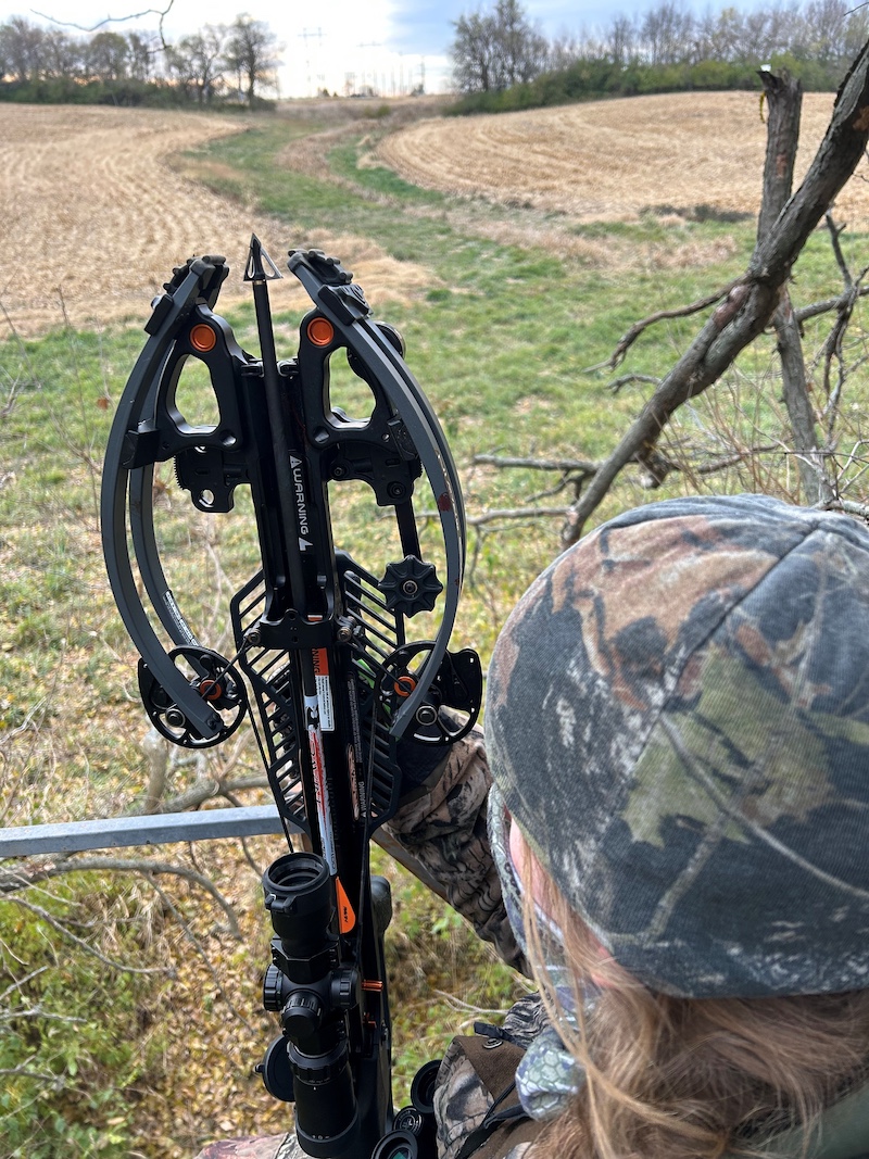 A hunter sits in a tree-stand and gazes over a harvested agricultural field. A grassy ditch cuts the field in half. The field is bordered by trees in the distance. An opening in the trees reveals high-tension overhead power line poles. An overcast sky at sunset is overhead.