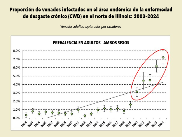 A chart showing the increase of hunter harvested adult white-tailed deer infected with chronic wasting disease in Illinois from 2003 to 2024.