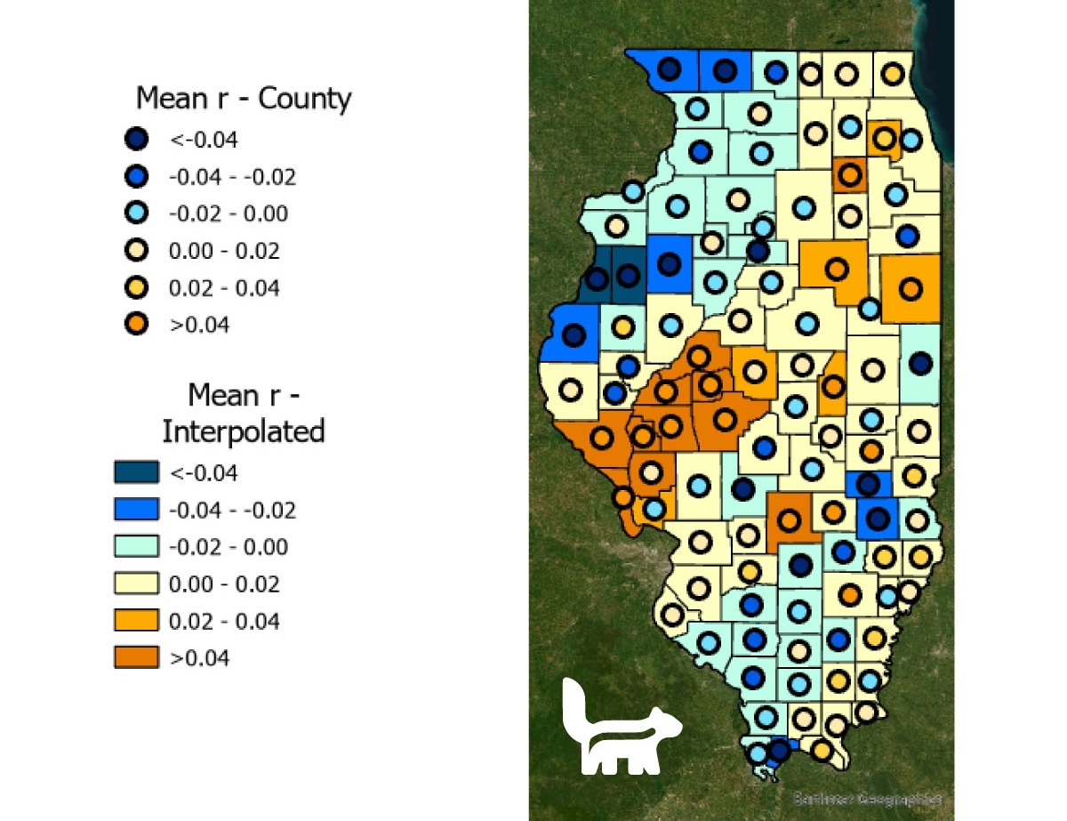 A colorful map of Illinois. Each county is color coded by navy blue, cobalt blue, light aqua, light yellow, orange and rusty red.