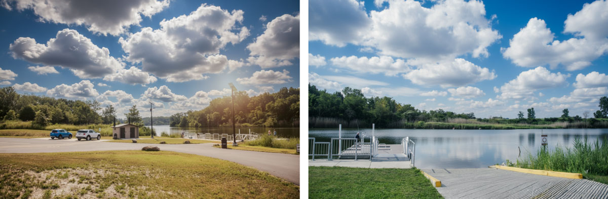 A photo collage of two images arranged side-by-side. The image on the left is of a parking lot, boat ramp and dock on a fresh water lake. A bright sunny partly cloudy sky is overhead. In the photo on the right is an individual fishing from a dock over a freshwater lake next to a boat ramp. Overhead is a bright sunny partly cloudy sky.