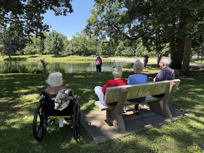 Three elderly people sit on a bench and another elderly woman sits in a wheelchair by the bench. All are looking towards a pond in the background. A few people are fishing from the banks of the pond. Trees are interspersed around the pond. A bright blue sky is overhead.