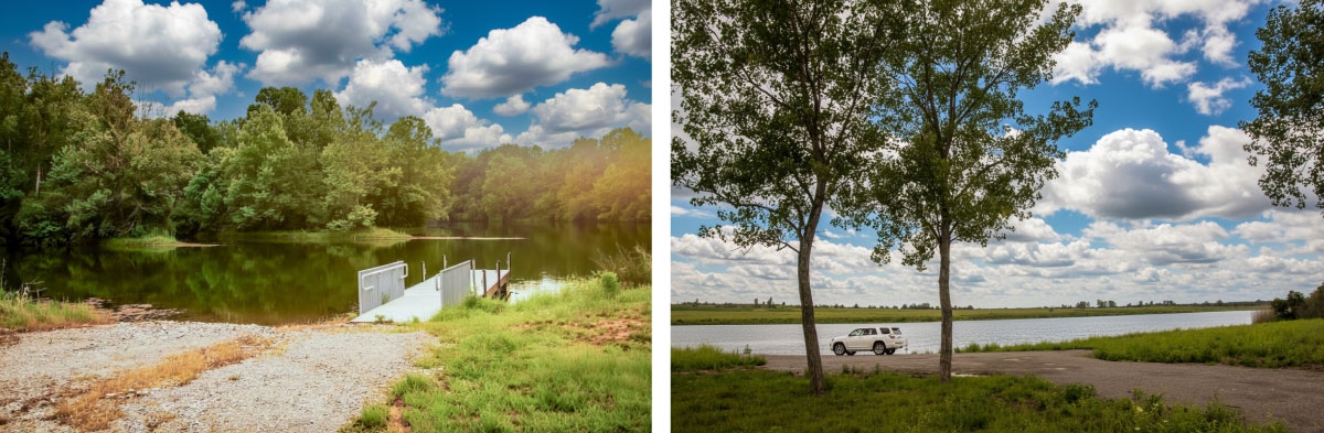A photo collage of two images arranged side-by-side. The image on the left is of a gravel boat ramp and metal dock on a fresh water lake. A bright sunny partly cloudy sky is overhead. In the photo to the right is a white SUV automobile parked in a gravel parking lot near a freshwater lake. Overhead is a bright sunny partly cloudy sky.