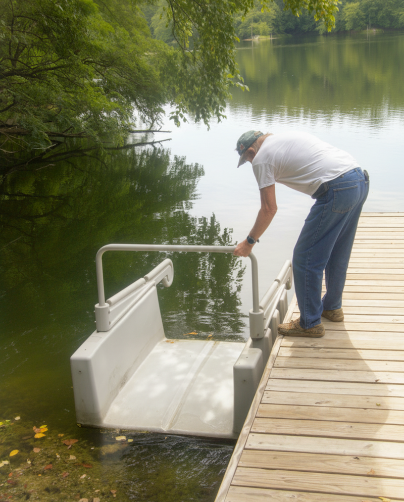 A man stands on a wooden dock on a freshwater lake and examines a new structure attached to the side to the dock. The structure has a bar at the top and a chute underneath resembling a short slide designed for launching kayaks into the lake.