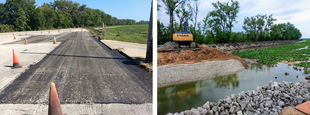 A photo collage of two images arranged side-by-side. The image on the left is of a section of a road resurfaced in asphalt. Orange traffic cones are placed around the recently resurfaced area. The road extends into the background. A line of trees runs parallel to the road. A bright blue sky is overhead. The photo to the right shows a cut out where a bridge use to be connecting a road over a lake. A large excavator sits on the edge of the road to the left. In the background the road continues into the distance with a line of tree running parallel to the road. 
