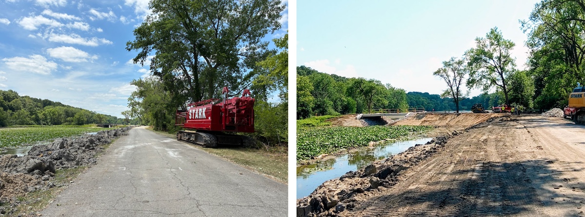 A photo collage of two images arranged side-by-side. The image on the left is of a large red excavator parked along the edge of a road. In the background is a bridge over a lake. Trees cover a bluff in the distance. The photo to the right is of a construction crew of five individuals arriving at a bridge over a lake. The road up to the bridge is partially obscured by soil that is being moved into place. Large earth moving equipment is parked to the right. A skid steer and a red pickup truck are parked near the bridge. On either side of the bridge are trees filling the lake's shoreline. A bright blue sky is overhead.