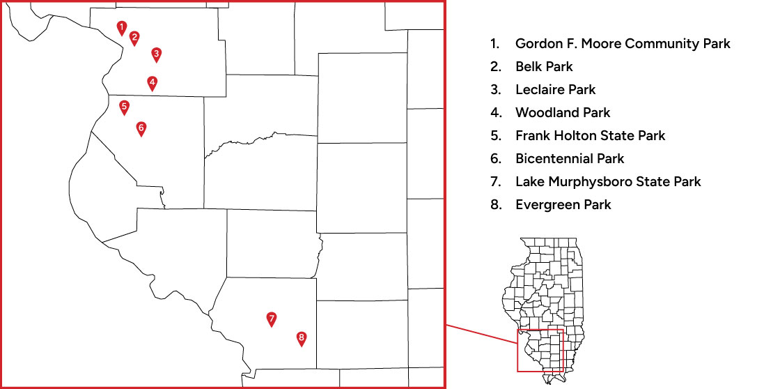 A map of southern Illinois marking the locations of fishing clinics. The locations are: 1. Gordon F. Moore Community Park, 2. Belk Park, 3. Leclaire Park, 4. Woodland Park, 5. Frank Holton State Park, 6. Bicentennial Park, 7. Lake Murphysboro State Park, 8. Evergreen Park