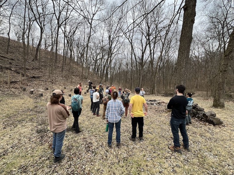 In early spring a group of people gather in a grassy valley by a woodland hillside.