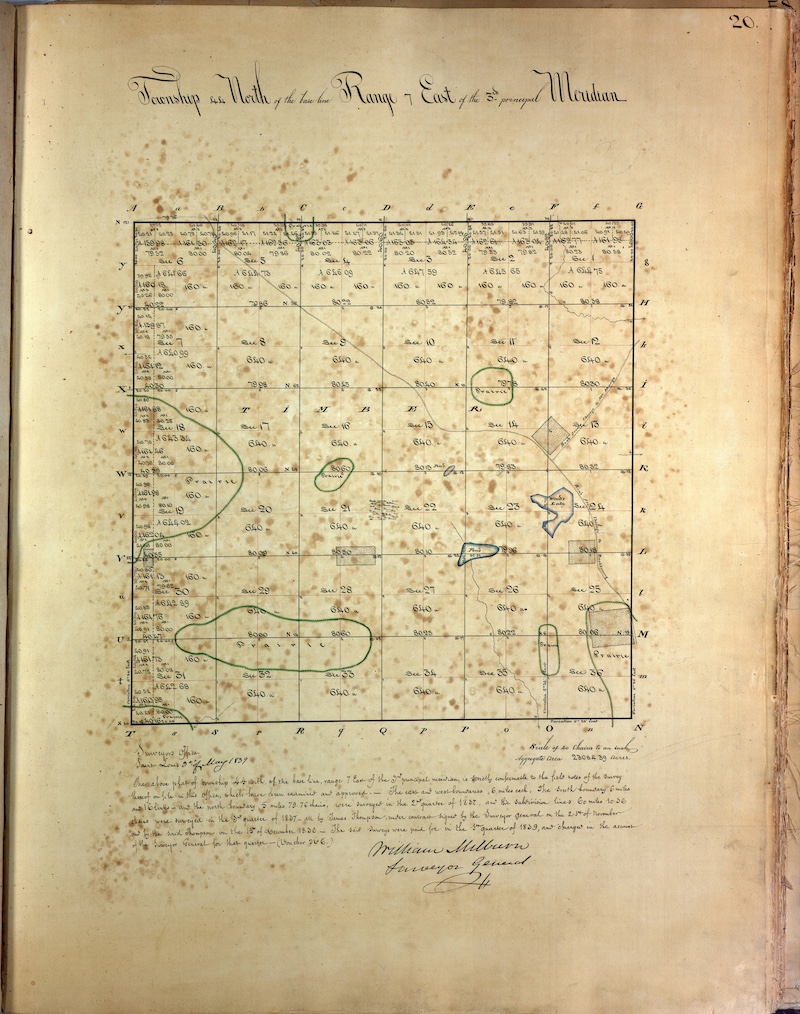 A historical plat map on tan aged paper.