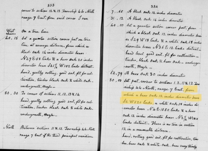 Two facing black and white pages of a historic surveyors' notebook. One section, "...from which a burr oak, 12 inches diameter...," is highlighted in yellow.