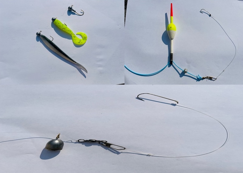 Different arrangements of fishing hooks, lures, and bobbers rest on white paper.