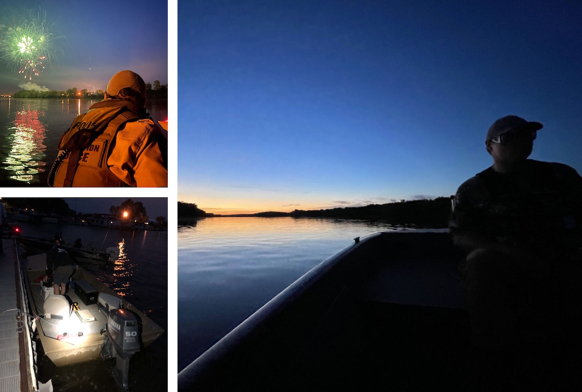 A photo collage of three images arranged in two columns. Two photos are on the left side and one photo is on the right. The top left photo is of a conservation police officer patrolling a waterway at night. Green and orange fireworks can be seen overhead. The bottom left photo is of a fisherman at night standing up in a boat while attached to a dock over a waterway. There is a spotlight shining on the boat. The photo on the right is a view from a lake at sunset. To the right a man monitors the lake while riding in a boat. 